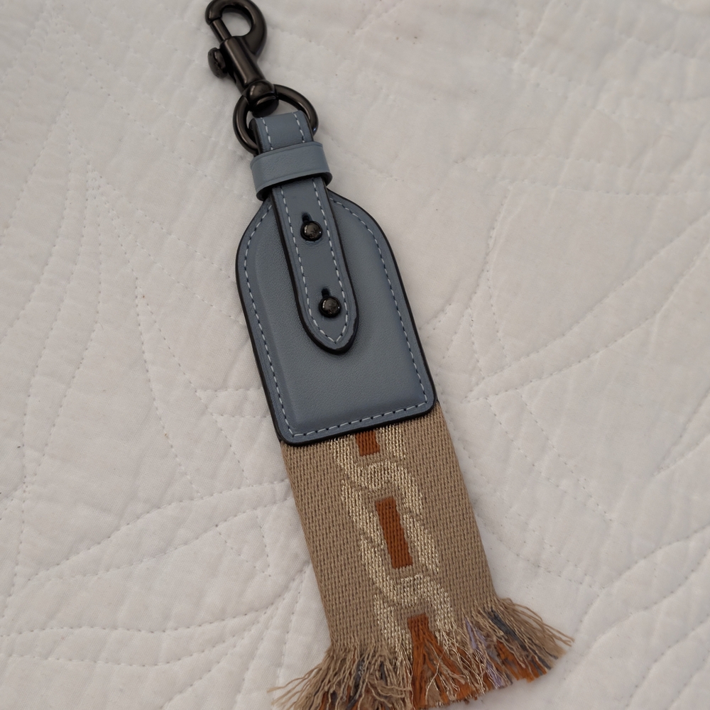 Coach Leather Woven Tassel Key Fob Bag Charm Light Blue Tan Made Frm Saddle Bag